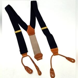 VINTAGE DOONEY & BOURKE BLACK & KHAKI LEATHER BUTTON SUSPENDERS MEN OS *FLAWED*